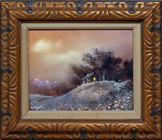 Ted Blaylock (Arizona/Illinois, 1940-2022), "Solitary Cabin in the Woods," 20th c., oil on board, signed lower left, presented in a decorative gilt fr