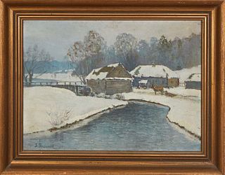 Boris Bogoljubow (Russia, 1878-1919), "Russian Winter Farm Scene," oil on paper board, signed lower left, presented in a gilt frame, H.- 13 in., W.- 1