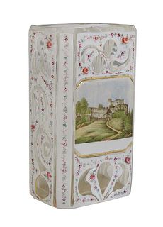 Diminutive Bohemian Hand Enameled Cut Glass Vase, 19th c., with floral decoration, one side with a painted reserve of a castle landscape, H.- 4 7/8 in