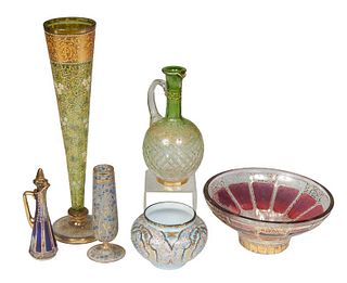 Group of Six Moser or Bohemian Glass Objects, early 20th c., with gilt enameled decoration, consisting of a tall footed trumpet vase; a cobalt blue st