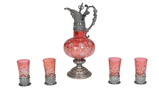 Five Piece Bohemian Enamel Decorated Cranberry Glass Liqueur Set, 19th c., with WMF metal mounts, consisting of a decanter and four glasses, each with