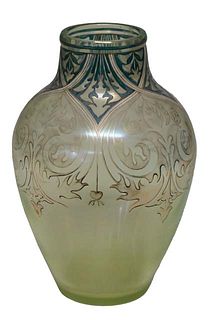 Fritz Heckert Bohemian Enameled Glass Baluster Vase, c. 1890, in pale green, with gilt enameled leaf decoration, the underside signed "F.H., 6052, 118
