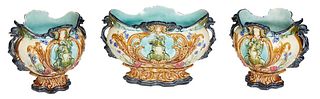 French Provincial Three Piece Baluster Majolica Mantel Garniture, 19th c. consisting of an oval planter and a pair of matching circular jardinieres, t