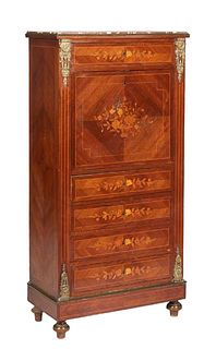 French Louis XVI Style Carved Walnut Ormolu Mounted Marble Top Secretary Abattant, 19th c., the inset highly figured rouge marble over a frieze drawer