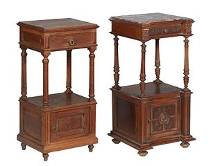 Two Similar French Louis XVI Style Carved Walnut Nightstands. early 20th c., one with a stepped wooden top over a frieze drawer, on turned tapered ree
