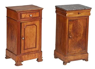 Two French Provincial Carved Cherry Louis Philippe Nightstands, 19th c., one with a highly figured rounded corner gray marble, over a cavetto frieze d