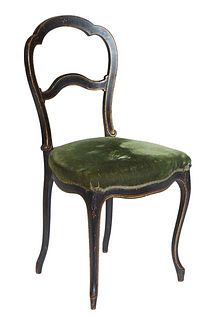 French Ebonized Beech Ballroom Chair, early 20th c., the arched canted open back with a central horizontal splat, over a bowed cushioned seat, on cabr