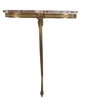 French Louis XVI Style Gilt Brass Marble Top Console Table, 20th c., the D-shaped ogee edge highly figured rouge marble, on a conforming lappet relief