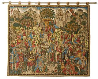 Italian Medieval Style Tapestry, 20th c., with a brass hanging rod, H.- 54 in., W.- 60 in.