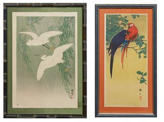 Pair of Asian Woodblock Prints, "Pair of Flying Chinese Egret," 20th c., woodblock print, signed lower right with three different stamps on bottom rig