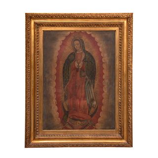 VIRGEN DE GUADALUPE. MÉXICO, SXX. Óleo sobre tela adherido a tablero. Detalles de conservación. 118 x 86 cm.