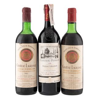 Lote de Vinos Tintos de Francia. Château Lagrange. Château Ferran. Total de piezas: 3. En presentaciones de 750 ml.
