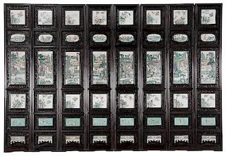 Fine Chinese Enameled Porcelain and Carved Hardwood Eight-Panel Room Screen - 涂漆瓷质硬木雕刻八片式屏风