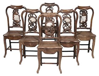 Set of Six Carved Hardwood and White Stone-inset Side Chairs - 六把硬木雕刻镶石无扶手椅