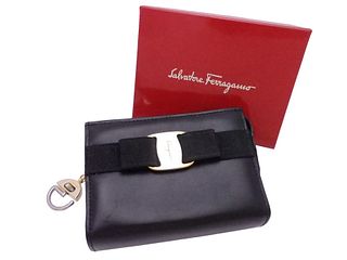 Salvatore Ferragamo Pouch Multi-Case Vala Ribbon Black Leather Canvas Ladies