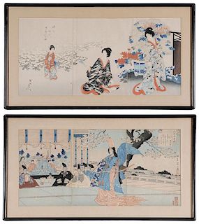 Chikanobu Woodblock Triptych, and a Tomoe Gozen Woodblock Triptych - 丰原周延三幅一联木刻画，和一副巴御前三幅一联木刻画