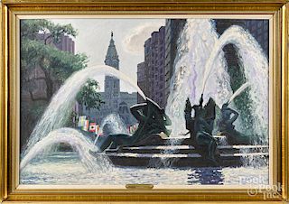 Daniel Cavaliere (American, b. 1928), oil on canvas, titled Logan Fountain, signed lower left