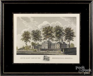 Colored engraving, titled South East View of the Pennsylvania Hospital, by John G. Exilious