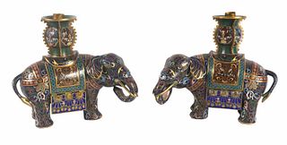 Pair of Chinese Cloisonne Elephant Candlesticks