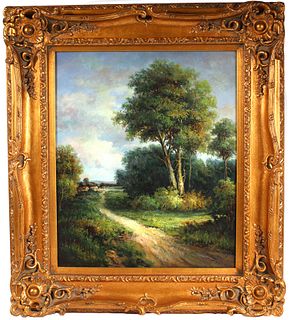 Oil on Canvas, Wooded Path to Village