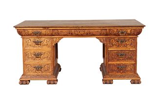 Renaissance Revival Carved Oak Partner's Desk