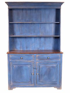 Blue and Grain Painted Pine Step Back Cupbard
