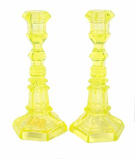 Pair of Vaseline Glass Candlesticks