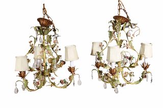 Two Floral-Decorated Tole Chandeliers