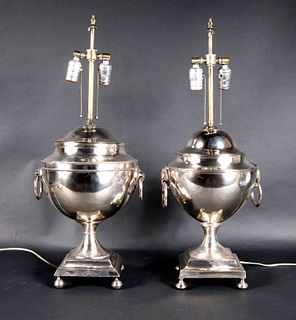 Near Pair of Silver Plated Urns