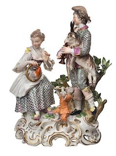 A PORCELAIN FIGURAL GROUP OF A COUPLE WITH MUSICAL ANIMALS, MEISSEN