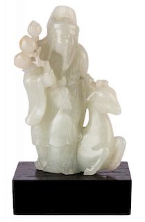 A CHINESE PALE CELADON JADE GROUP OF SHOU LAO AND DEER, QING DYNASTY, 1644-1911