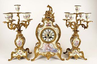 19th C. French Louis XIV Porcelain & Bronze Clockset