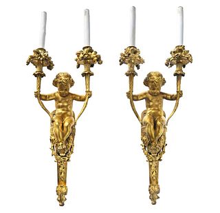 Pair Of 19th C. Henry Dasson Figural Large Bronze Sconces