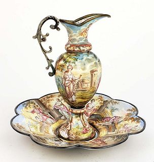 19th C. Viennese Enamel on Silver Vase w/ Underplate