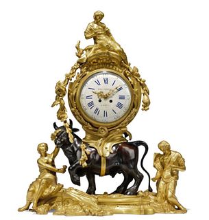 A Large 19th C. French Louis XV Style Gilt & Patinated Bronze Figural Mantle Clock