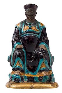 A TURQUOISE, AUBERGINE AND MUSTARD-YELLOW GLAZED FIGURE OF CAI SHEN, THE GOD OF WEALTH, QING DYNASTY, 1644-1911