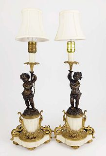 Magnificent Pair of 19th C. French Bronze & Marble Figural Lamps