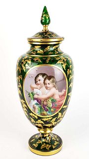 Large 19th C. Bohemian Handpainted Crystal Gilt Vase