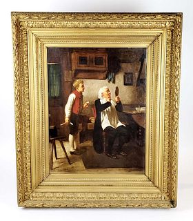 19th C. Mark William Langois Signed "The Barber" Oil on Canvas
