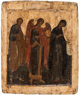 A RUSSIAN ICON OF SAINT PETER, ARCHANGEL MICHAEL AND THE HOLY VIRGIN, 17TH CENTURY