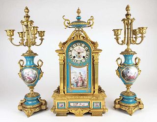 19th C. Sevres Porcelain Jewelled & Gilt Bronze Clockset