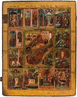 A MONUMENTAL RUSSIAN ICON OF THE RESURRECTION WITH TWELVE FEASTS, 18TH CENTURY