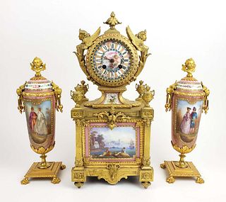 19th C. French Sevres Jewelled Porcelain & Gilt Bronze Clockset