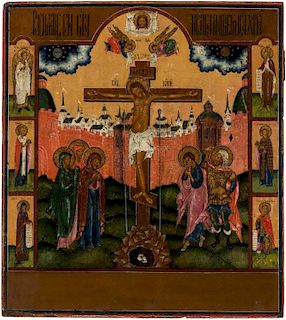 A RUSSIAN ICON OF THE CRUCIFIXION WITH SELECTED SAINTS, 19TH CENTURY
