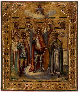 A RUSSIAN ICON OF ARCHANGEL MICHAEL WITH SELECTED SAINTS, 19TH CENTURY