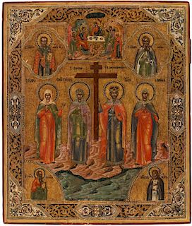 A RUSSIAN ICON OF SELECTED SAINTS WITH KONSTANTIN AND ELENA, 19TH CENTURY