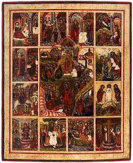 A LARGE RUSSIAN ICON OF THE RESURRECTION OF CHRIST AND THE HARROWING OF HELL WITH 12 FEASTS, PSKOV SCHOOL