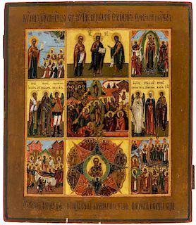 A LARGE RUSSIAN NINE-PART ICON FEATURING THE MAIN SCENES FROM THE LIFE OF VIRGIN MARY, 19TH CENTURY