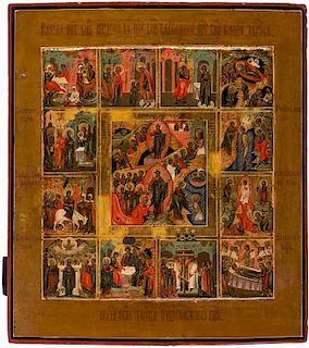 A RUSSIAN ICON OF THE RESURRECTION OF CHRIST AND THE HARROWING OF HELL WITH 12 FEASTS, 19TH CENTURY
