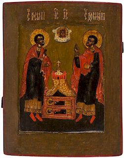 A RUSSIAN ICON OF SAINTS DAMIAN AND COSMAS, 19TH CENTURY